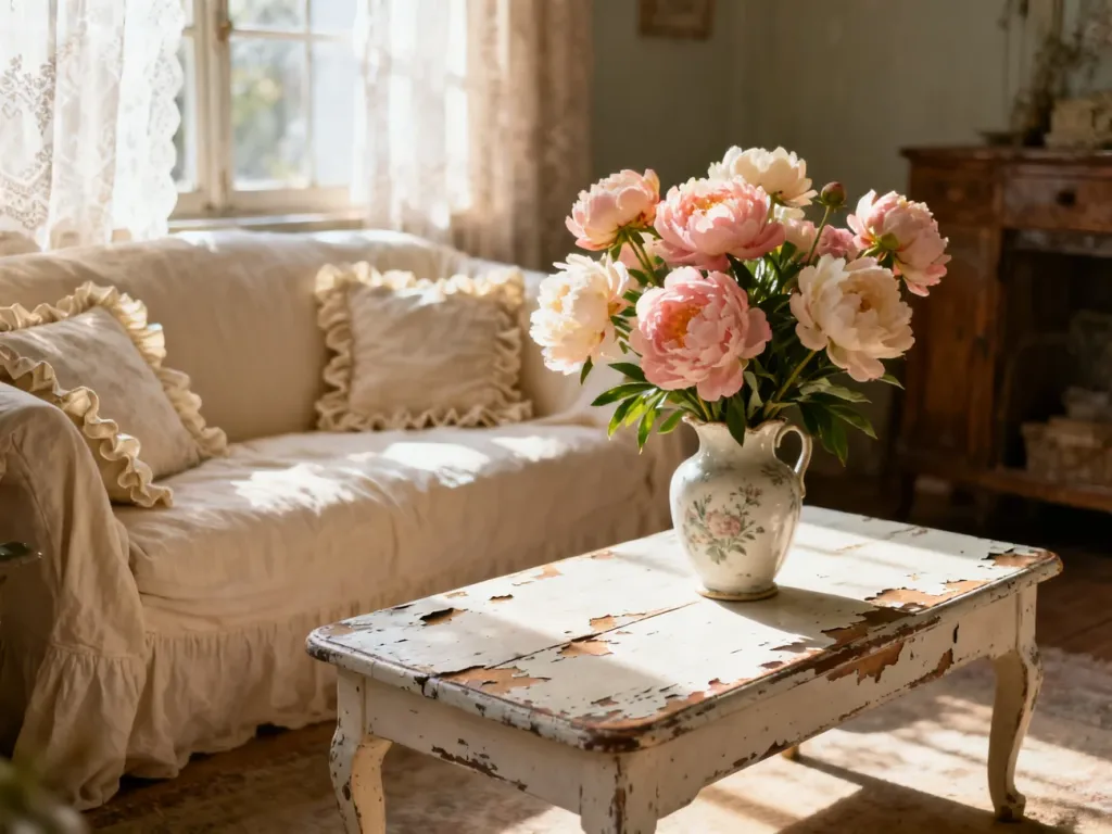 Przytulny kącik w stylu shabby chic z postarzanym stolikiem, bukietem piwonii i jasną sofą w pastelowych barwach.