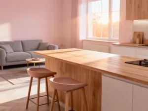 Przytulny balkon z drewnianym stolikiem, krzesłami z poduszkami i lawendą na tle zachodzącego słońca nad miastem.
