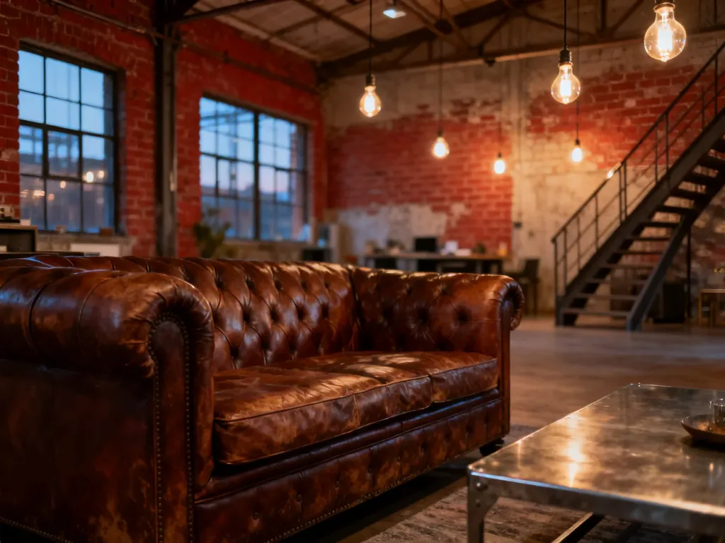 Przestronny salon w stylu loft z czerwoną cegłą, skórzaną sofą i dużymi oknami, oddający surowy, industrialny klimat wnętrza.