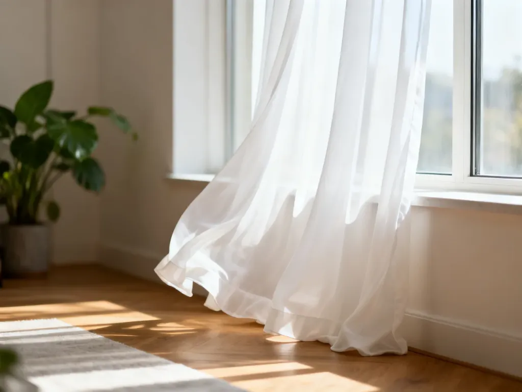 Eleganckie białe firany sięgające tuż za parapet w jasnym, nowoczesnym salonie, tworzące przytulną i schludną atmosferę.