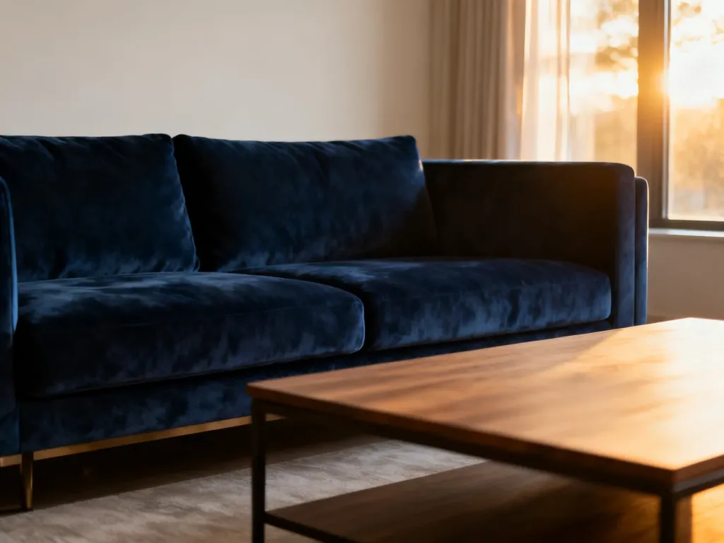 Granatowa sofa z weluru w nowoczesnym salonie na tle jasnych, neutralnych ścian. Elegancka aranżacja wnętrza.
