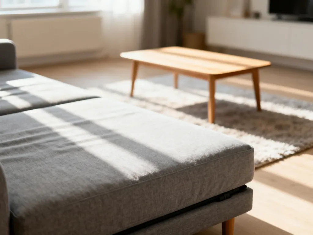 Wielofunkcyjna szara sofa z funkcją spania w przytulnym, minimalistycznym wnętrzu małego mieszkania.