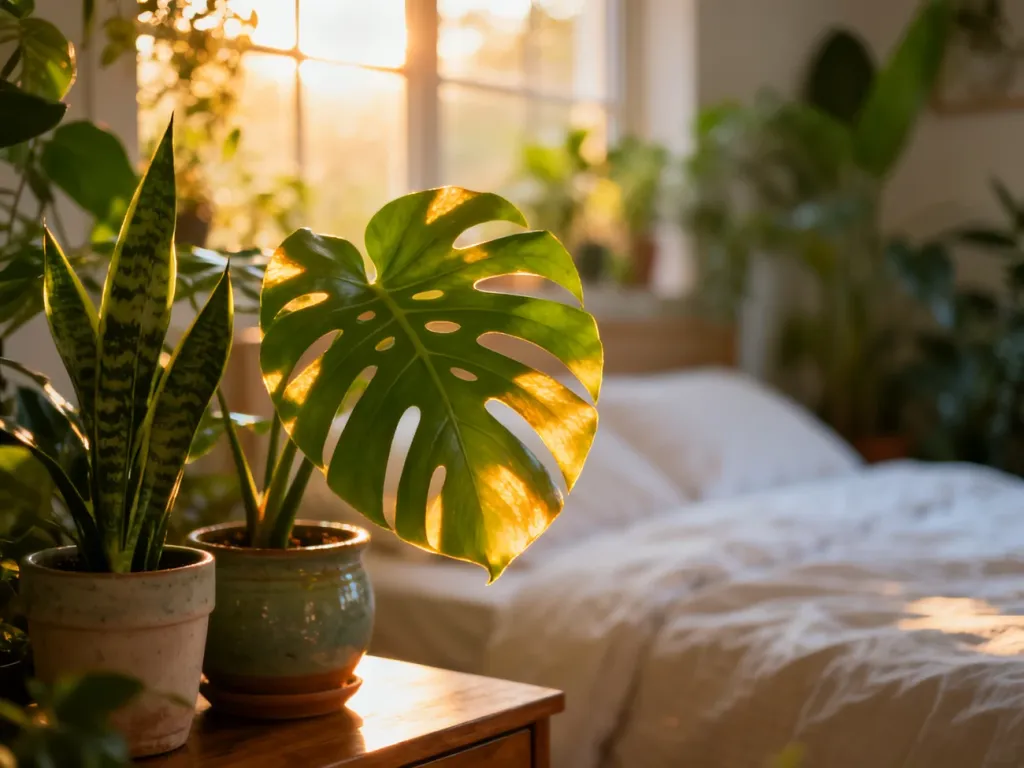 Monstera i sansewieria w ceramicznych doniczkach na szafce nocnej w przytulnej, słonecznej sypialni.