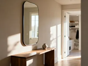 Nowoczesny salon z ciemną podłogą, jasną sofą i beżowym dywanem, które tworzą przytulną aranżację wnętrza.