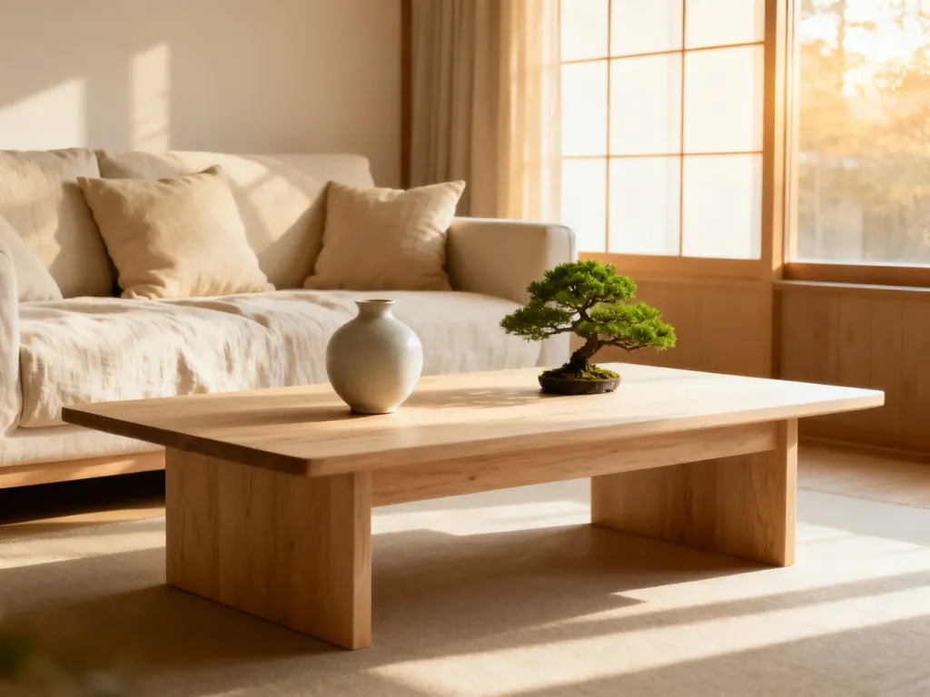 Minimalistyczny salon w stylu japandi z jasnym drewnianym stolikiem, bonsai i beżową sofą w ciepłym świetle poranka.