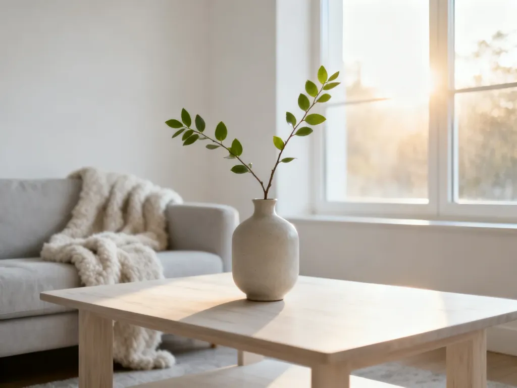 Jasny salon w stylu skandynawskim z drewnianym stolikiem kawowym, wazonem i przytulną sofą w tle.