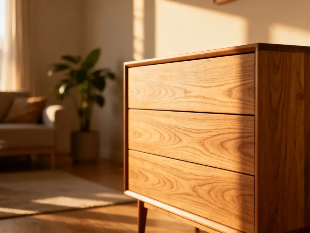 Nowoczesna drewniana komoda w stylu skandynawskim w minimalistycznym, słonecznym salonie.