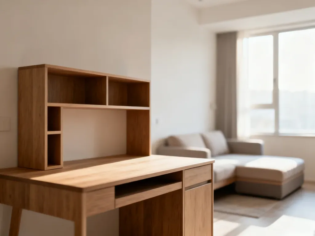 Nowoczesne, minimalistyczne studio z wielofunkcyjnym biurkiem i przytulną strefą wypoczynkową, pełne naturalnego światła.