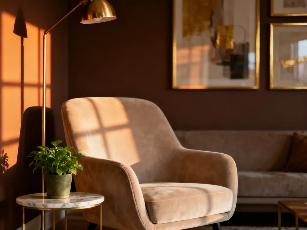 Beżowy fotel i mosiężna lampa na tle brązowych ścian, tworzące przytulną i stylową aranżację salonu.