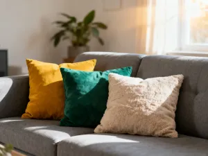 Minimalistyczny salon z dębową podłogą, szmaragdową sofą i orzechowym stolikiem kawowym w ciepłym, porannym świetle.