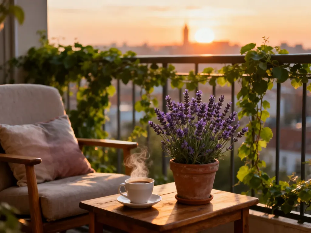 Przytulny balkon z drewnianym stolikiem, kawą i lawendą, zachęcający do relaksu w blasku zachodzącego słońca.