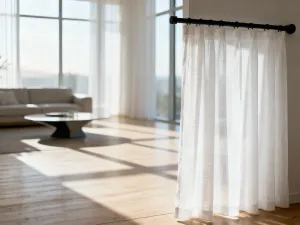 Duże lustro w złotej ramie nad marmurową konsolą, stanowiące elegancki punkt centralny minimalistycznego salonu.