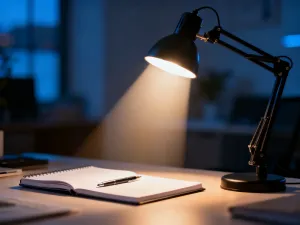 Nowoczesna jadalnia z minimalistycznym drewnianym stołem i designerską lampą wiszącą, tworzącą przytulny nastrój.